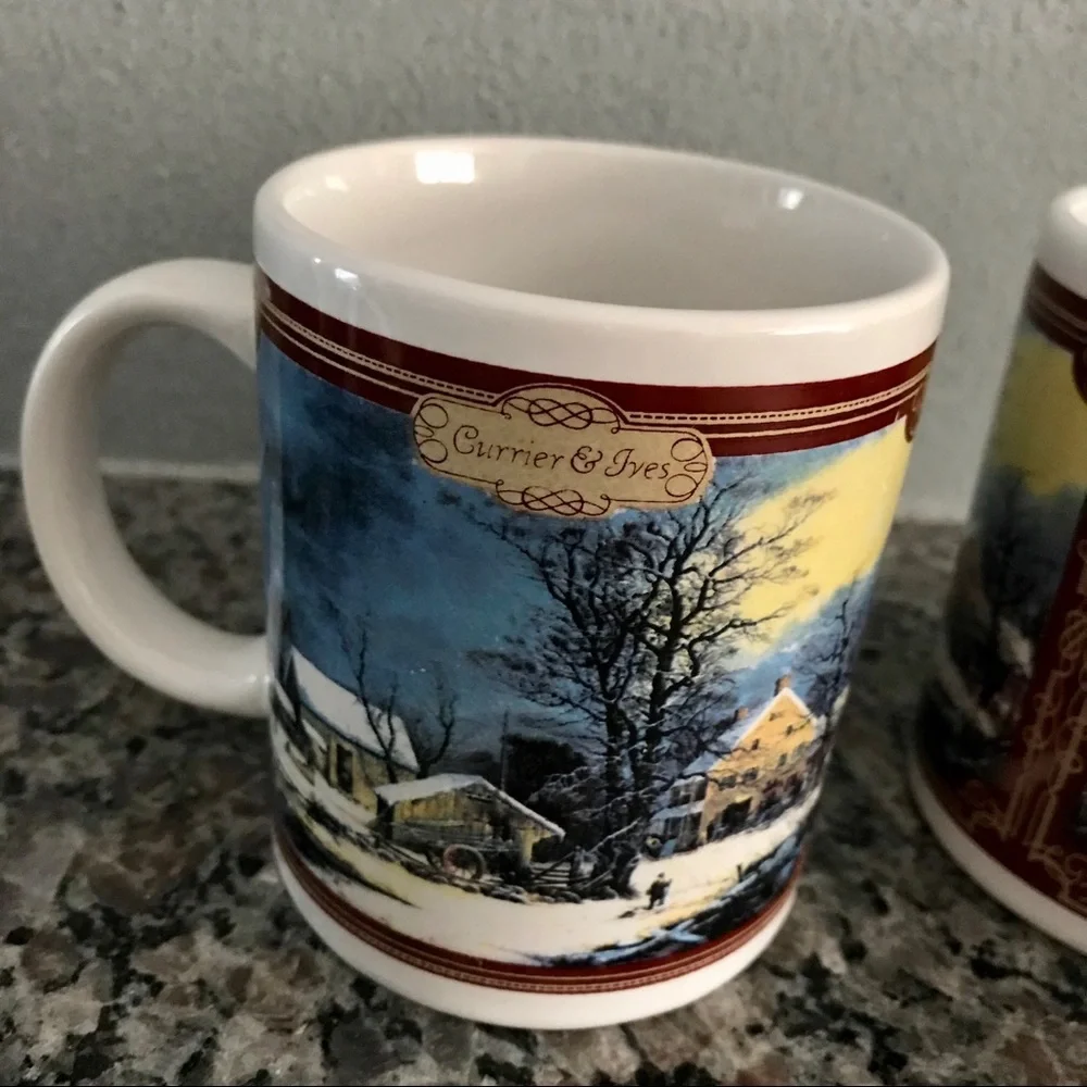 Currier & Ives Winter Farm House Scene Coffee cups